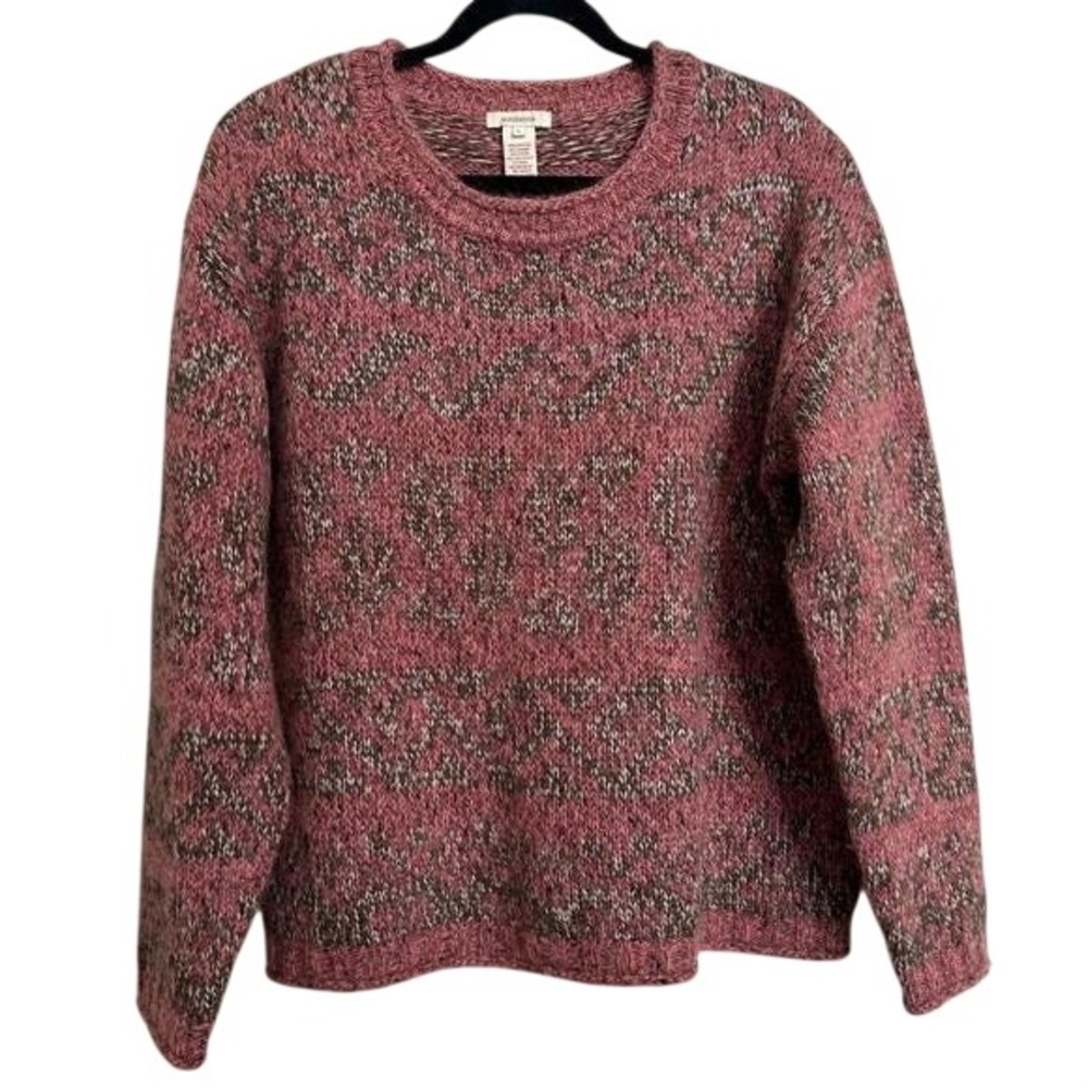 Sundance Pink Brown Mohair Blend Metallic Fair Isle Cable Knit Sweater L